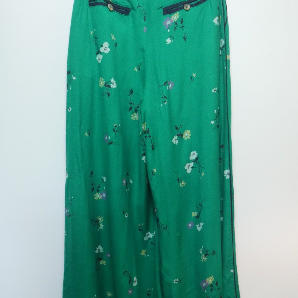 Women’s Free People Green Floral Wide Leg Pants Black Piping Size 0